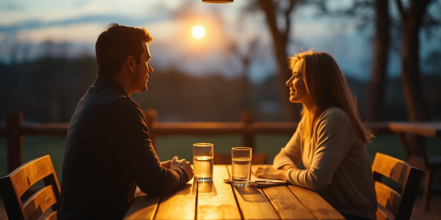 Two people sharing a quiet conversation across a wooden table at dusk